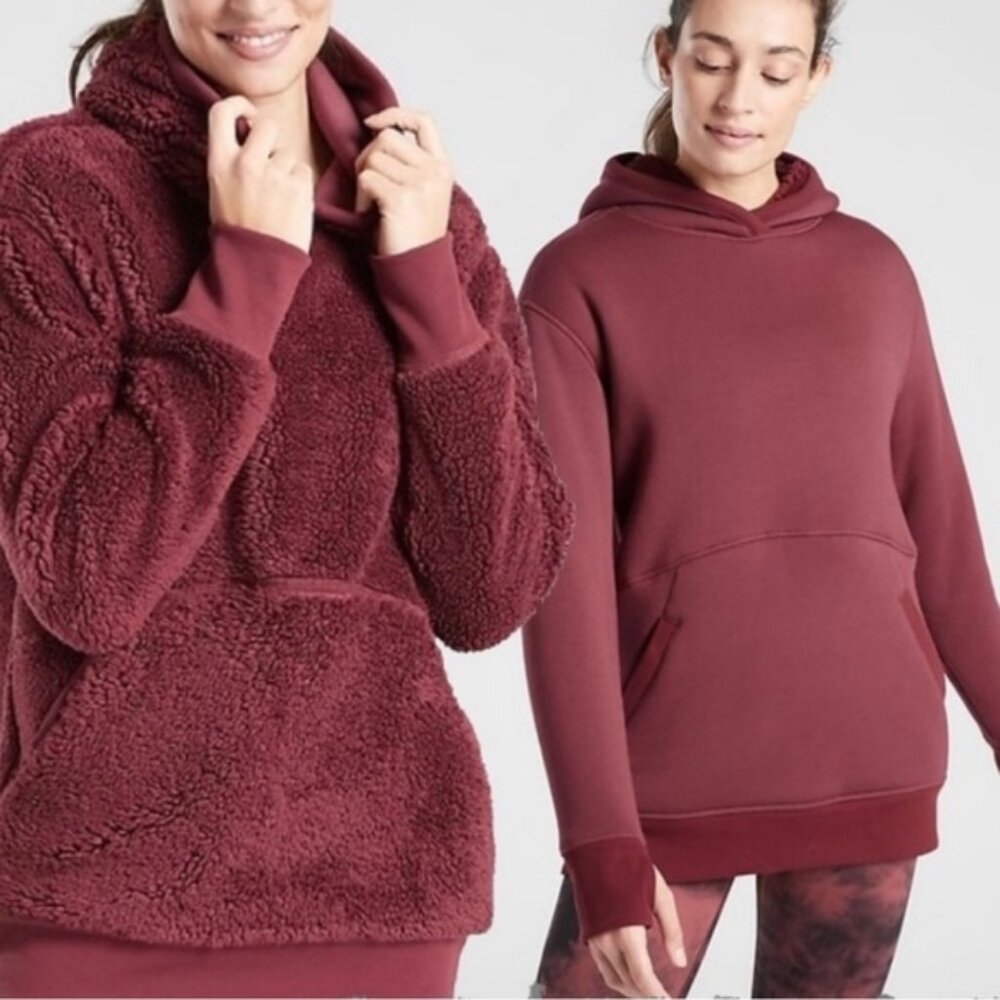 EUC Athleta Reversible Sherpa Maple Red Sweatshirt Hoodie Size M